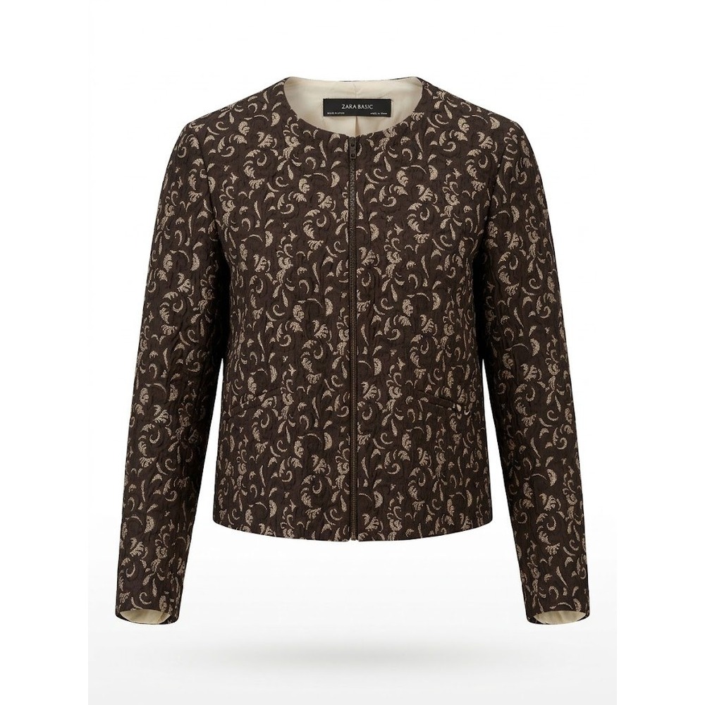Y2K Zara Jacket Womens L Brown Damask Brocade Tapestry Zip Collarless luxVintage